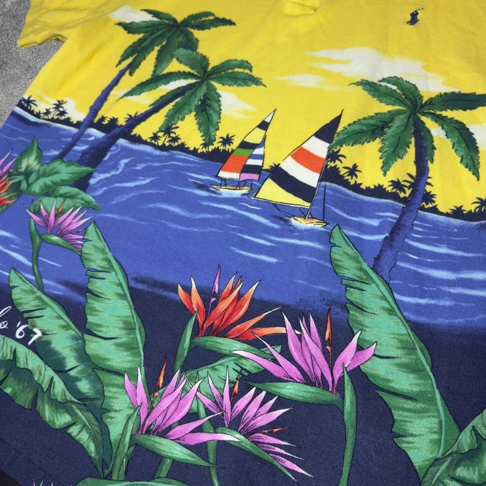Polo Ralph Lauren Mens XXL Tropical Hawaiian Polo Sailboat Palm Tree Yellow